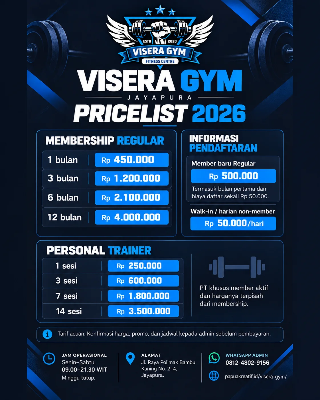 Pricelist VISERA GYM 2026: membership Regular, pendaftaran, walk-in, dan paket Personal Trainer. Rincian juga tersedia pada tabel harga di halaman ini.